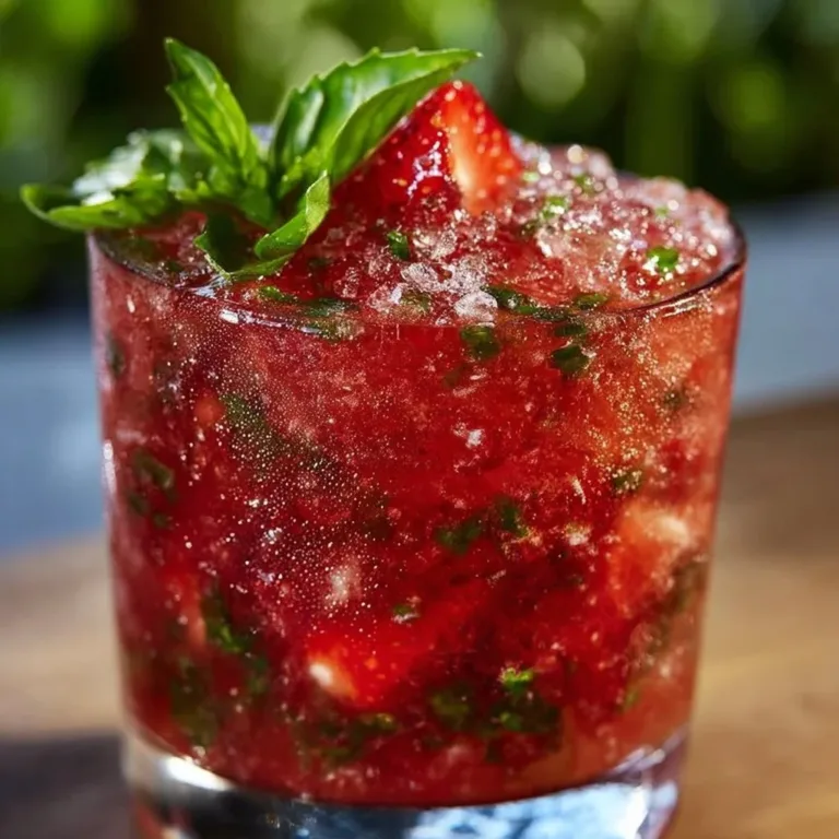 Strawberry Basil Smash cocktail with fresh strawberries and basil garnish