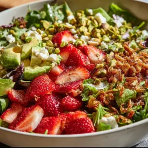 Delicious Strawberry Crunch Salad with fresh strawberries and crunchy toppings