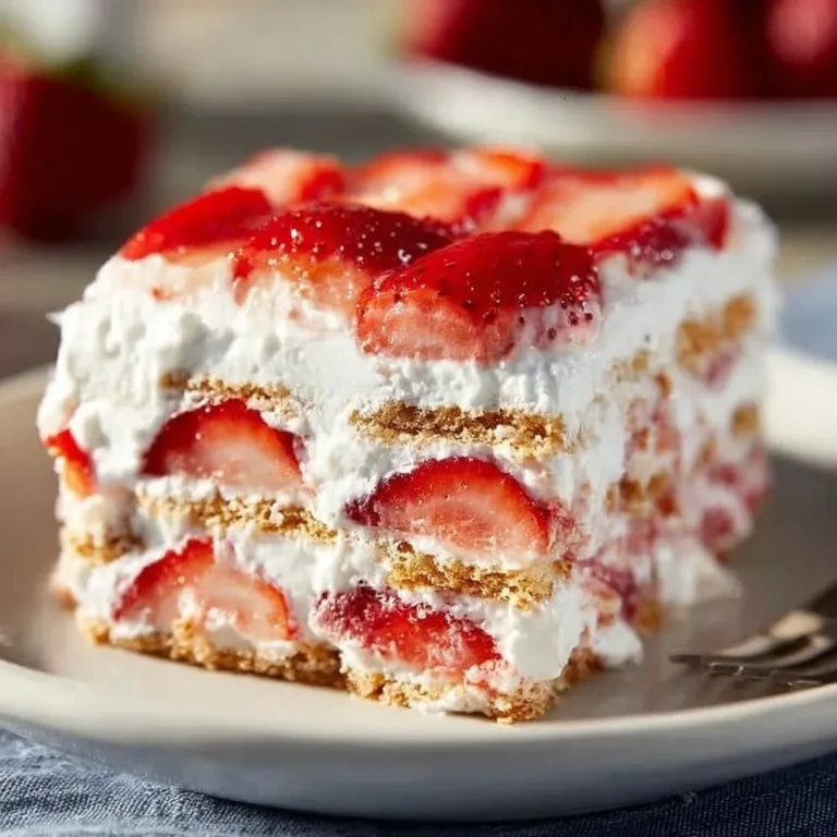 Delicious homemade Strawberry Icebox Cake served with fresh strawberries