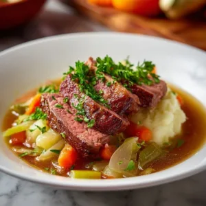 Plate of traditional Irish corned beef and cabbage served with carrots and potatoes.