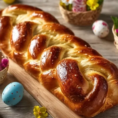 Traditional Italian Easter Bread adorned with colorful eggs and festive decorations.