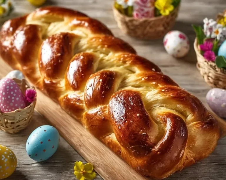 Traditional Italian Easter Bread adorned with colorful eggs and festive decorations.