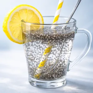 Chia seed internal shower drink made with water and lemon for gut health.