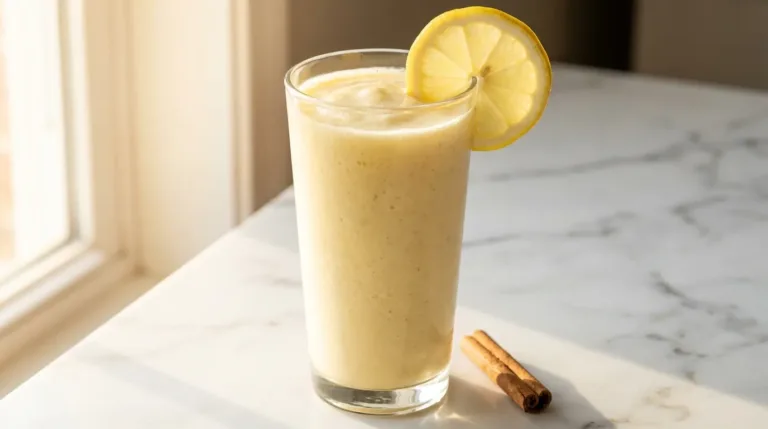tall clear glass of natural GLP-1 drink with creamy pale yellow color and lemon slice on white kitchen counter