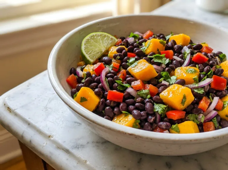 colorful black bean mango satiety salad in white bowl with lime wedge and cilantro showing vibrant colors