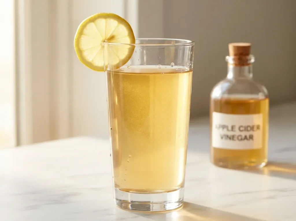 tall clear glass of golden gelatin apple cider vinegar weight loss drink with lemon slice on white kitchen counter