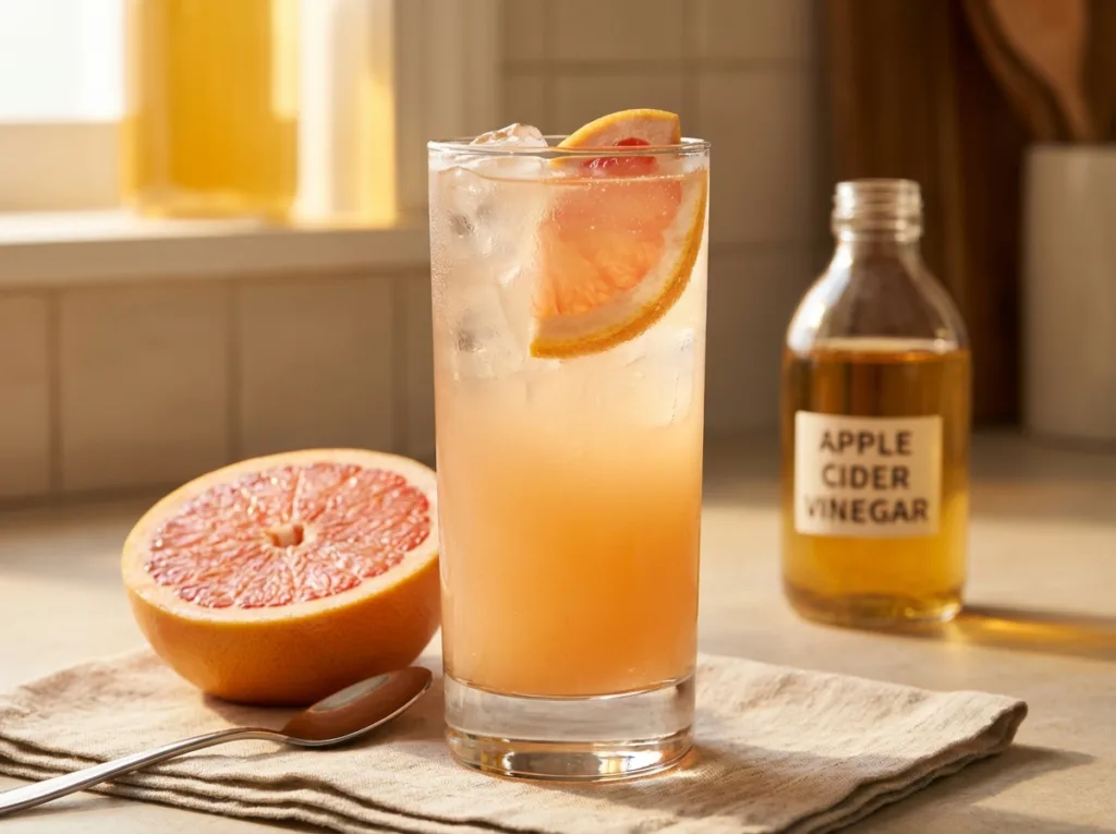 tall glass of grapefruit and apple cider vinegar drink with grapefruit slice and warm evening kitchen light