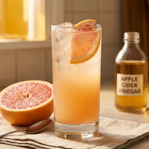 tall glass of grapefruit and apple cider vinegar drink with grapefruit slice and warm evening kitchen light