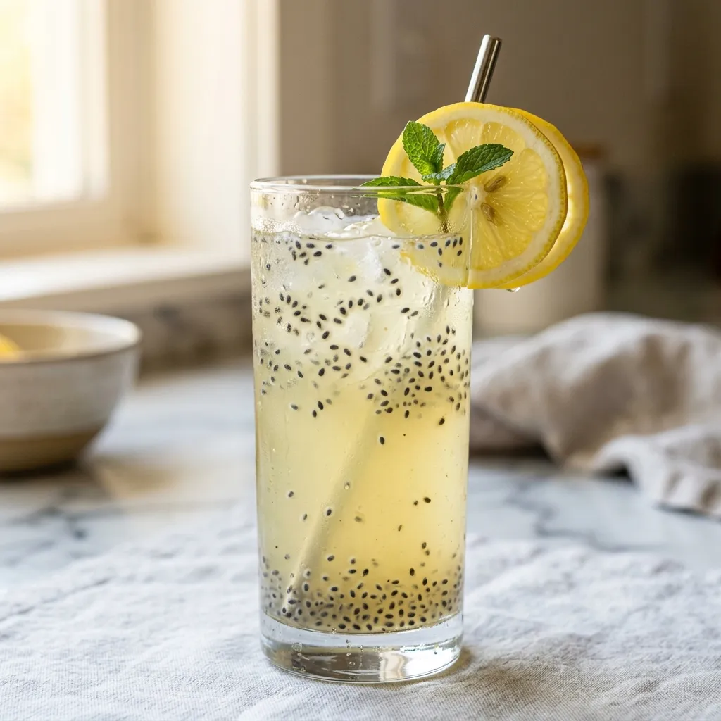 tall glass of sabja seed lemonade with lemon slices and visible swollen black seeds on light kitchen counter