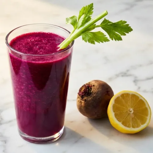 tall clear glass of deep purple spicy beetroot celery juice with celery stalk garnish on white kitchen counter