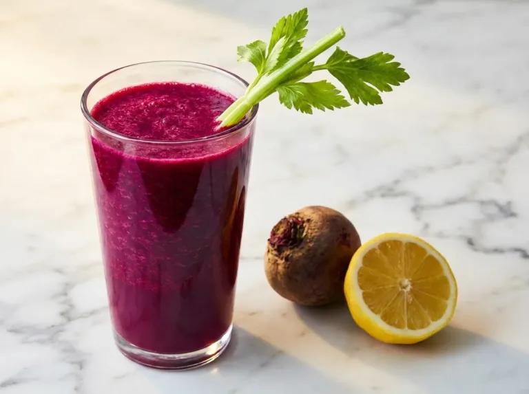 tall clear glass of deep purple spicy beetroot celery juice with celery stalk garnish on white kitchen counter