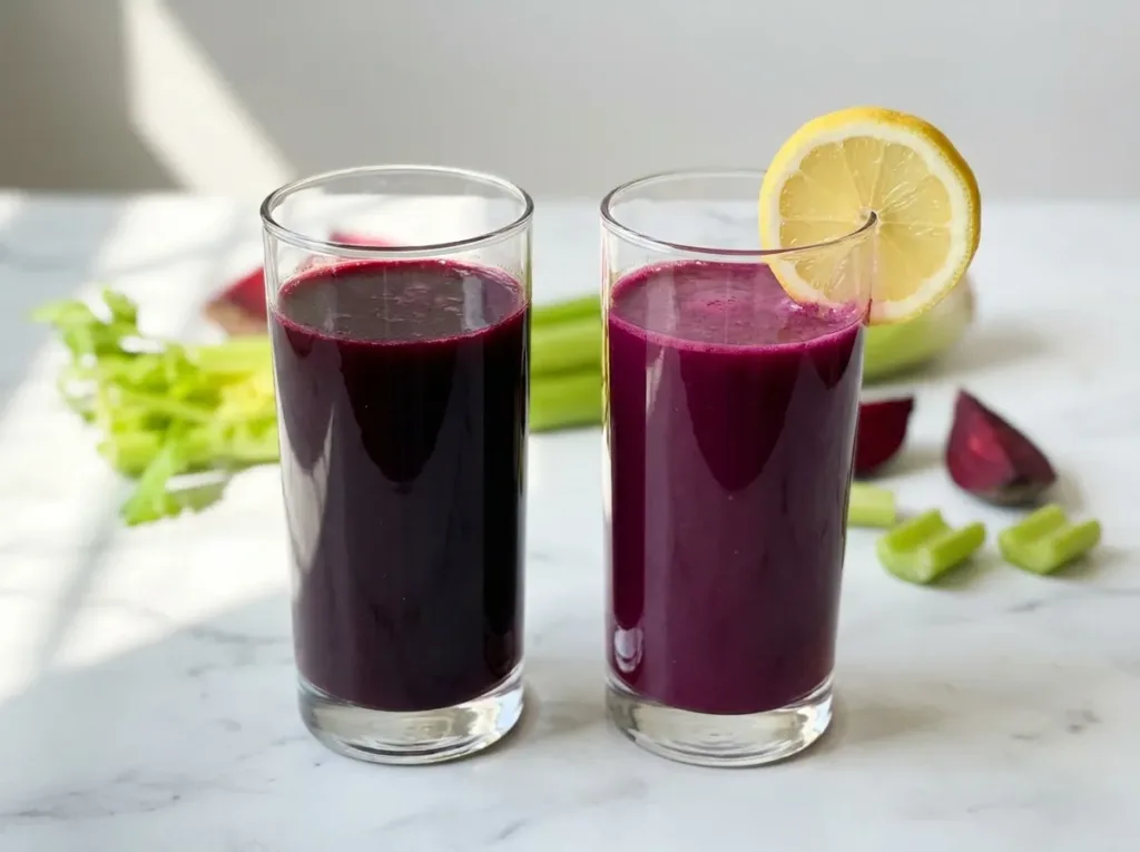 two glasses of beet celery juice side by side before and after adding lemon showing color and brightness difference