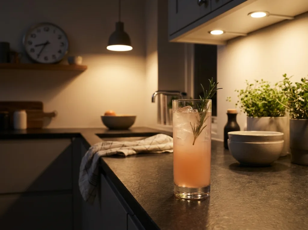 glass of grapefruit apple cider vinegar drink on kitchen counter at night showing evening routine timing