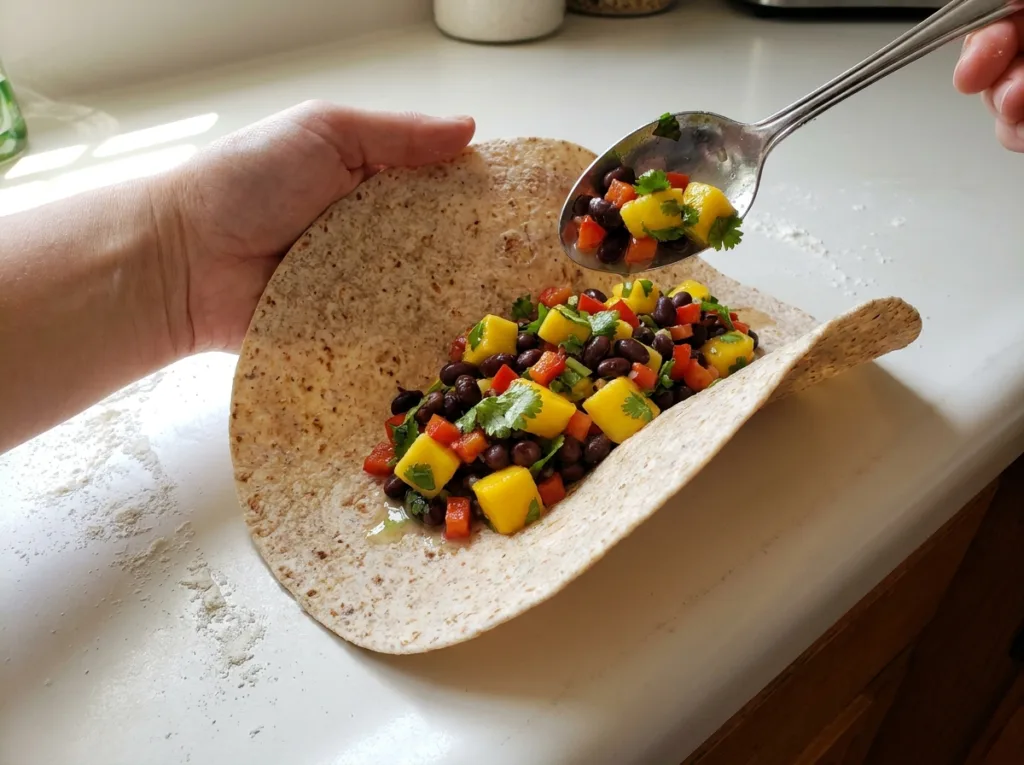black bean mango satiety salad spooned into a whole wheat tortilla wrap showing Friday variation