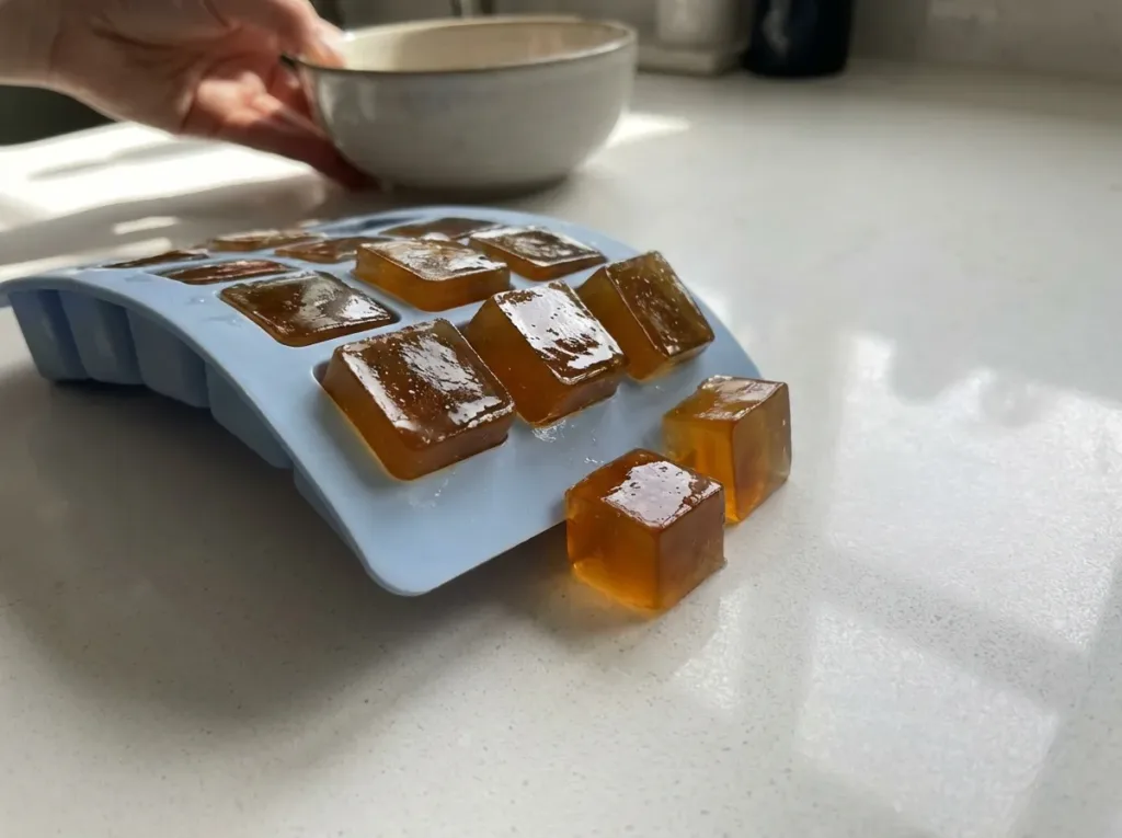 golden gelatin apple cider vinegar gummy cubes being popped out of silicone mold showing set texture