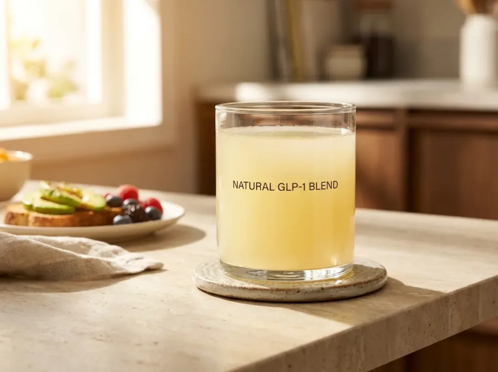 glass of natural GLP-1 drink placed on kitchen table before a breakfast plate showing pre-meal timing ritual
