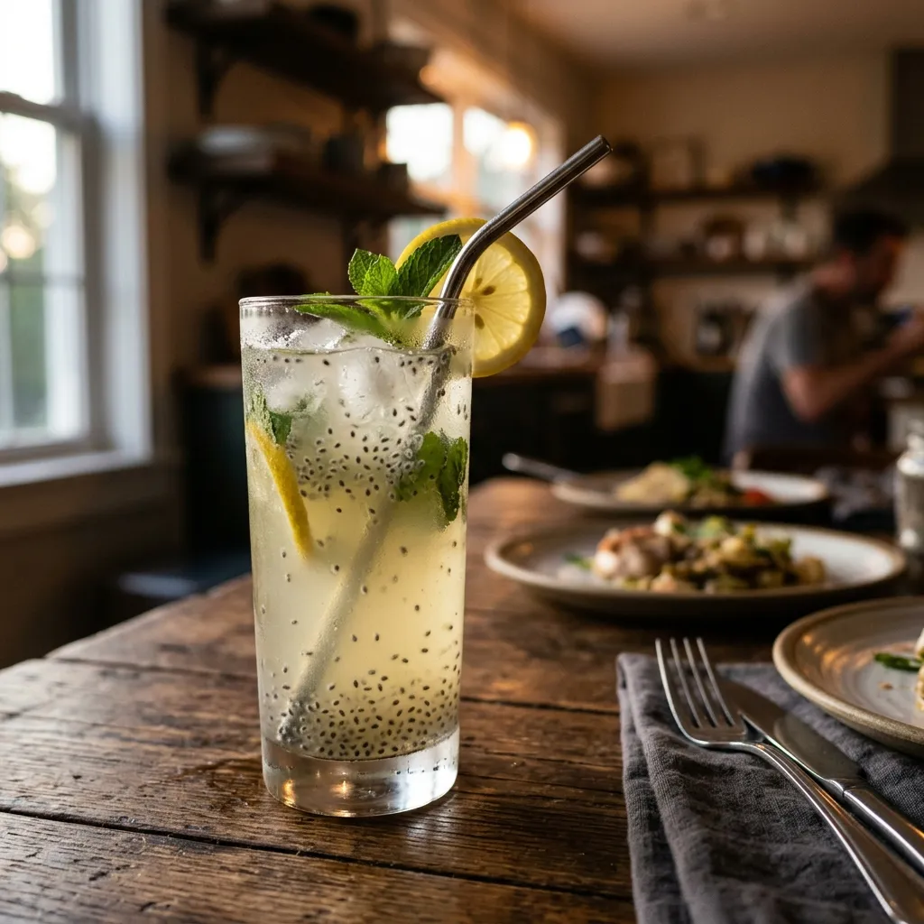 glass of sabja seed lemonade placed on kitchen table next to a dinner plate showing the pre-meal timing