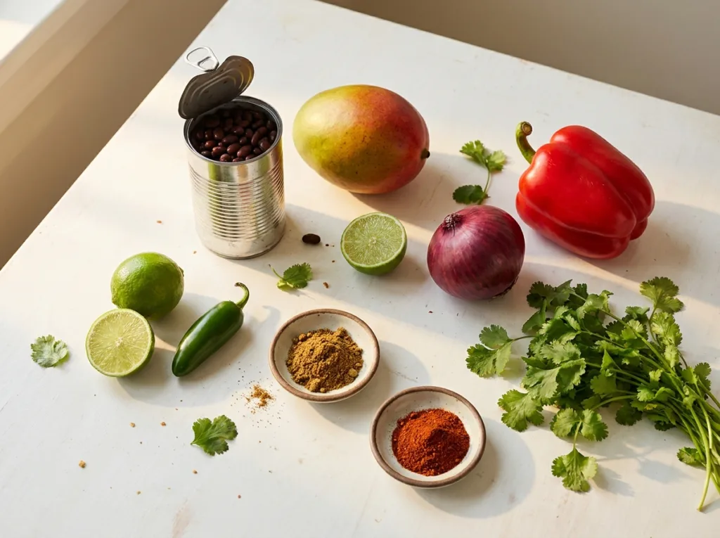 all ingredients for black bean mango satiety salad laid out on white surface including beans mango pepper lime and spices