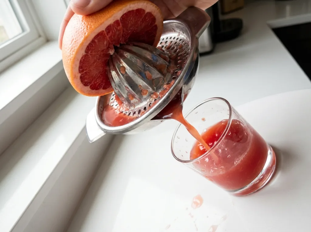 half pink grapefruit being juiced on a citrus hand juicer showing fresh juice flowing into glass