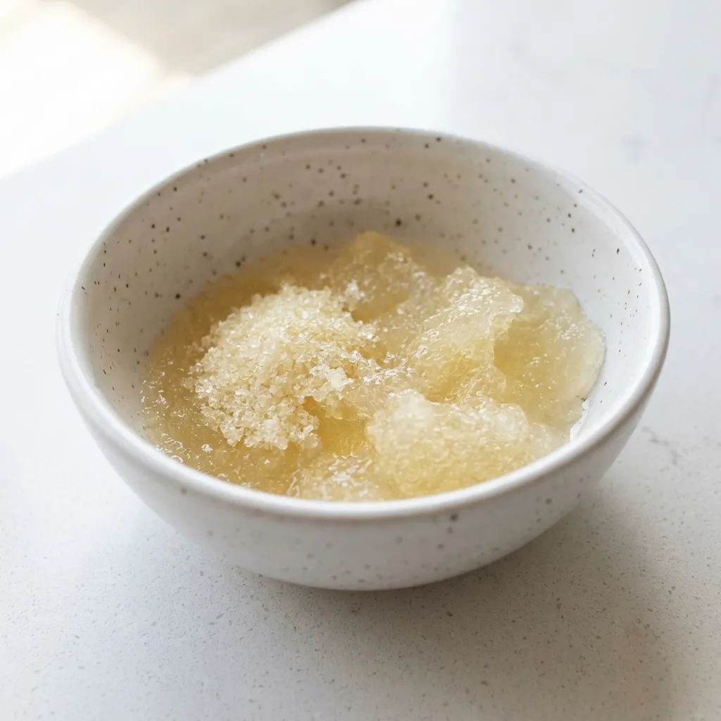 small white ceramic bowl showing unflavored gelatin powder blooming in cold water swelling into spongy texture Gelatin and apple cider vinegar