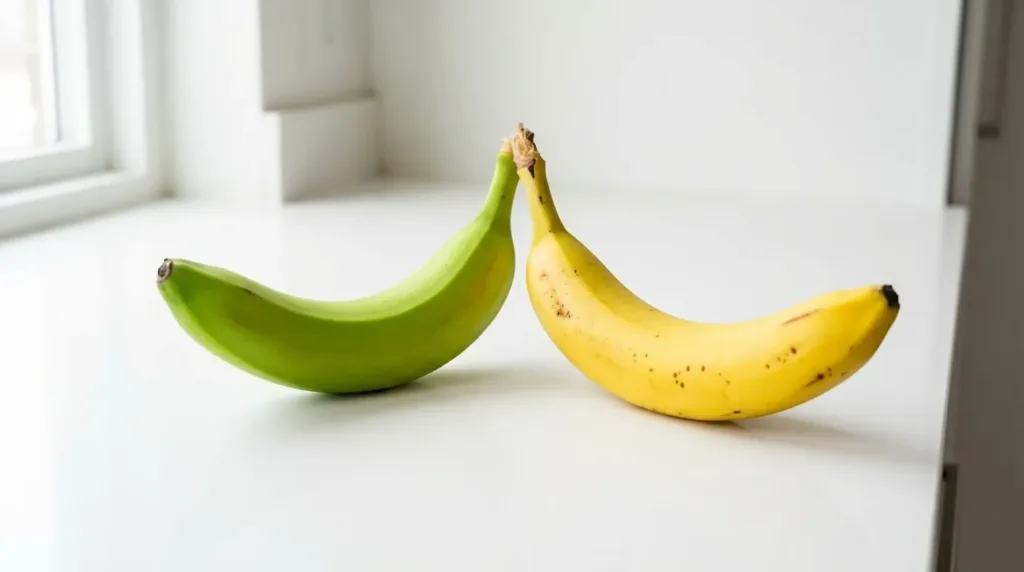 two bananas side by side showing one green unripe banana and one yellow ripe banana to show difference for GLP-1 drink