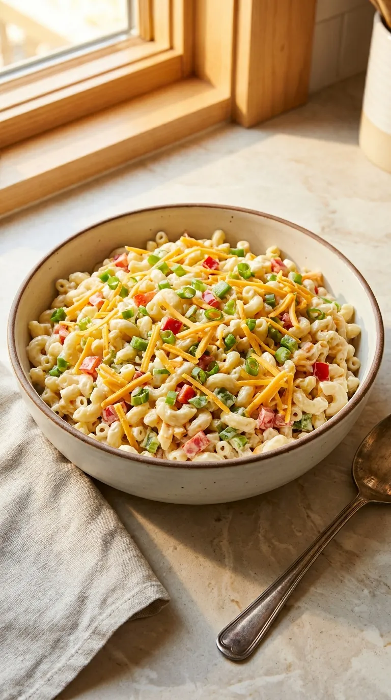 Creamy Guy Fieri macaroni salad with cheddar and bell peppers for summer cookouts