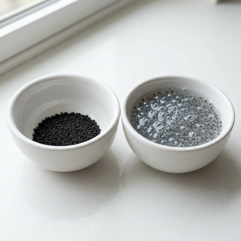 small white bowl showing dry sabja seeds next to glass of soaked swollen sabja seeds showing size difference