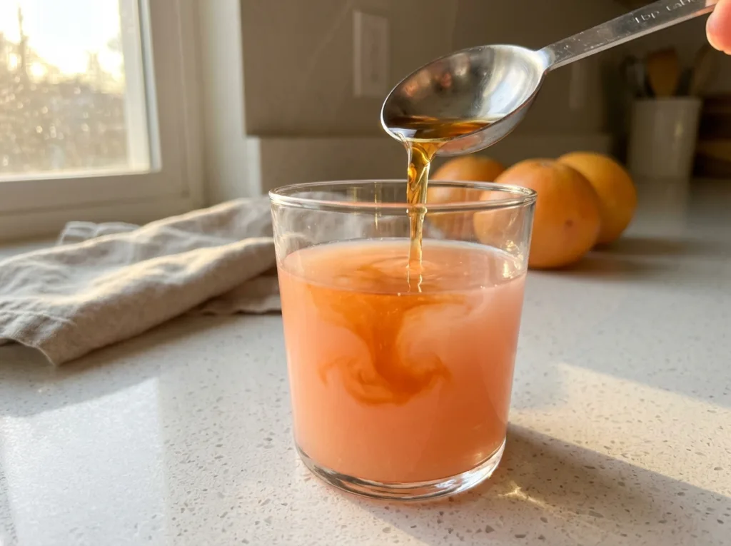 tablespoon of raw Braggs apple cider vinegar being poured into grapefruit juice in a clear glass