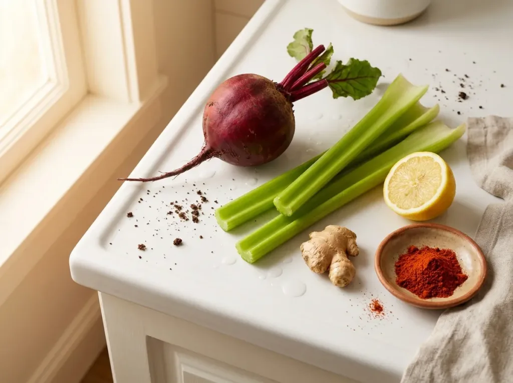 fresh raw beetroot being cut into chunks on a white cutting board showing deep red interior