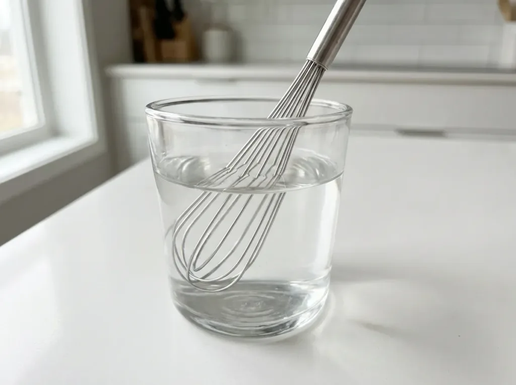 small whisk stirring dissolved gelatin in hot water in a clear glass showing completely clear liquid Gelatin and apple cider vinegar