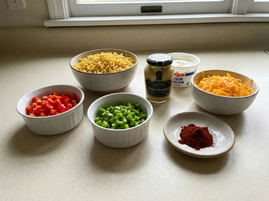 Ingredients for Guy Fieri macaroni salad including elbow macaroni, bell peppers, sour cream, cheddar, and smoked paprika