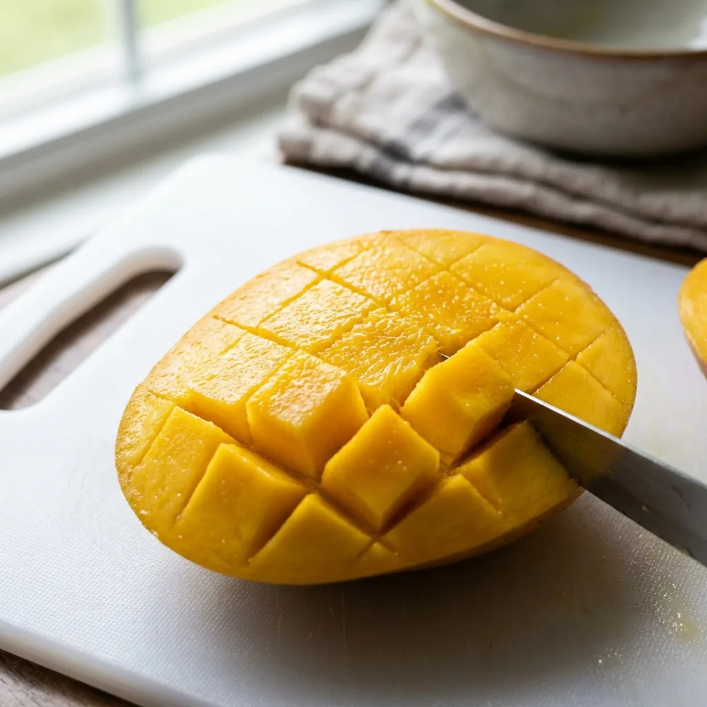 ripe mango being scored and diced into cubes on white cutting board showing proper mango cutting technique