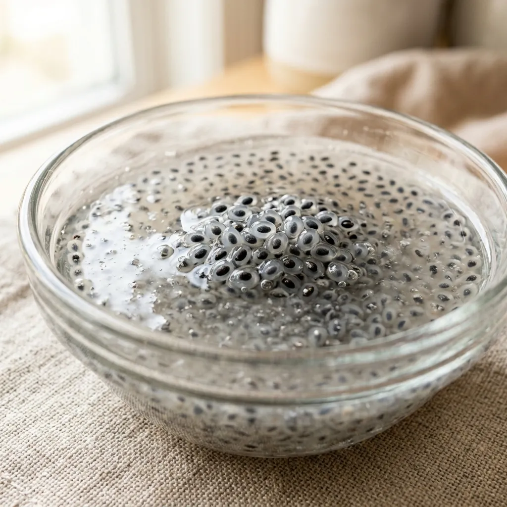 glass bowl of sabja seeds soaking in water showing gel coating forming around each seed