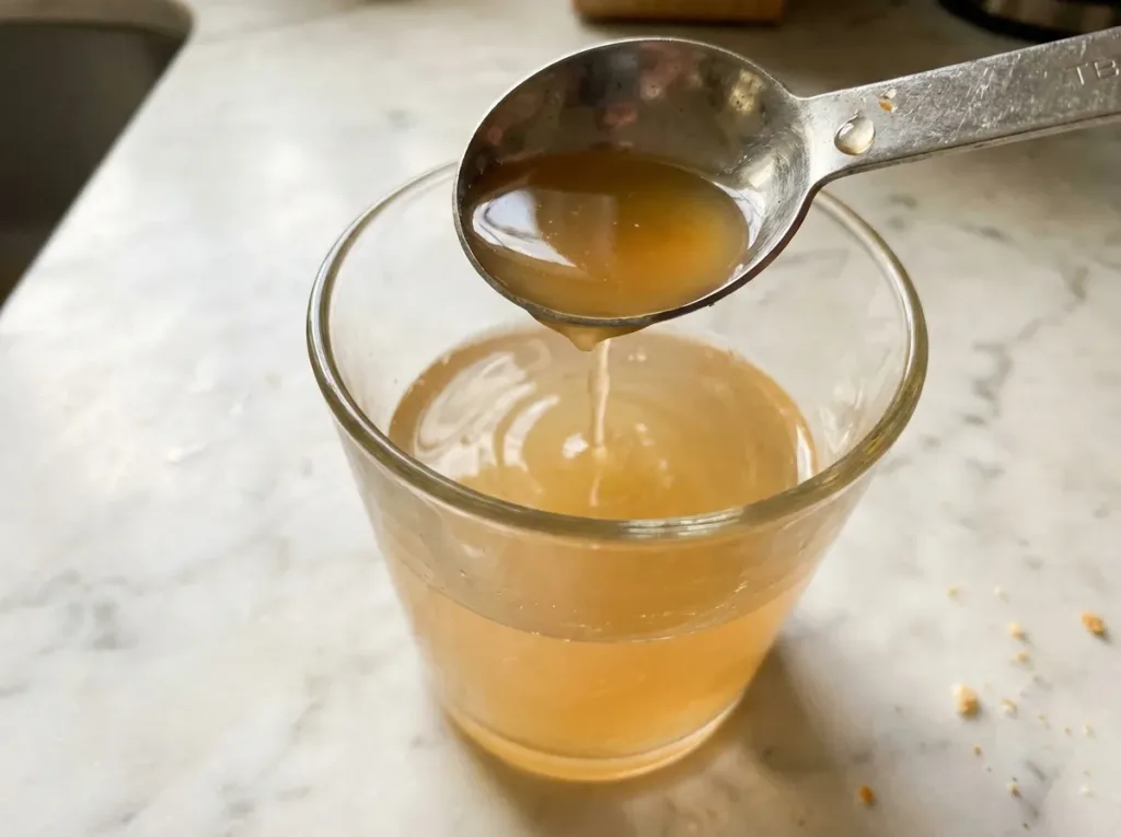 tablespoon of raw apple cider vinegar being poured into clear dissolved gelatin drink in glass Gelatin and apple cider vinegar