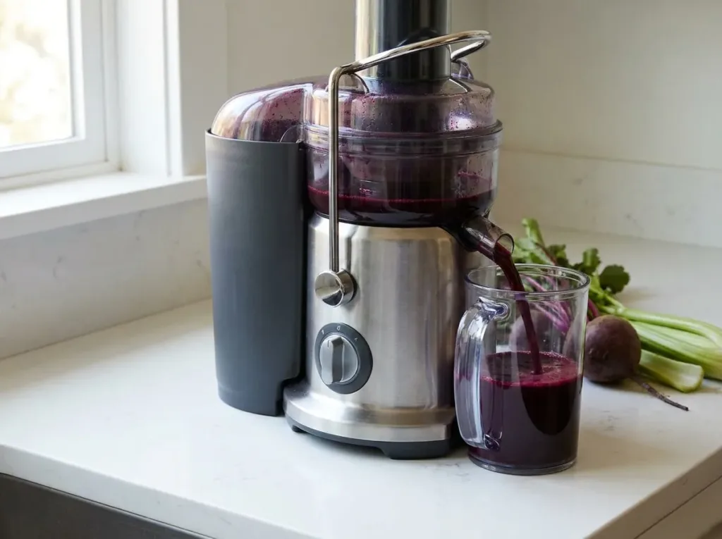 deep purple beetroot celery juice collecting in juicer cup during juicing process showing vibrant color