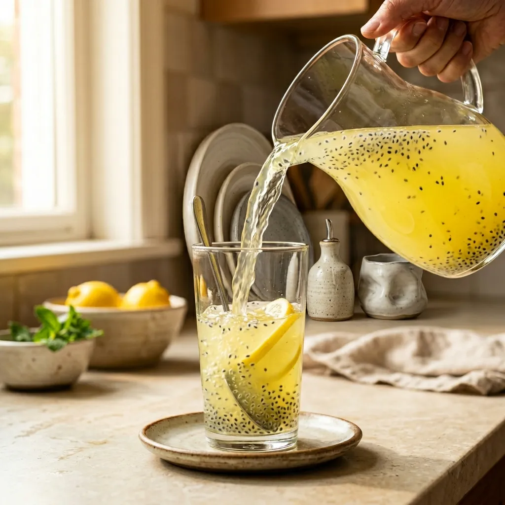 sabja seed lemonade being poured from pitcher into tall glass showing seeds in the liquid