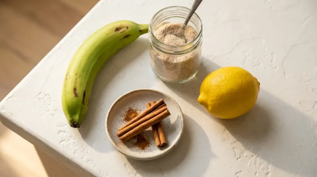 four ingredients for natural GLP-1 drink laid out on white surface including green banana psyllium cinnamon and lemon - This 4 ingredient natural GLP-1 drink uses psyllium, green banana, cinnamon, and lemon to trigger real satiety hormones. Ready in 5 minutes. Here's how it works.
