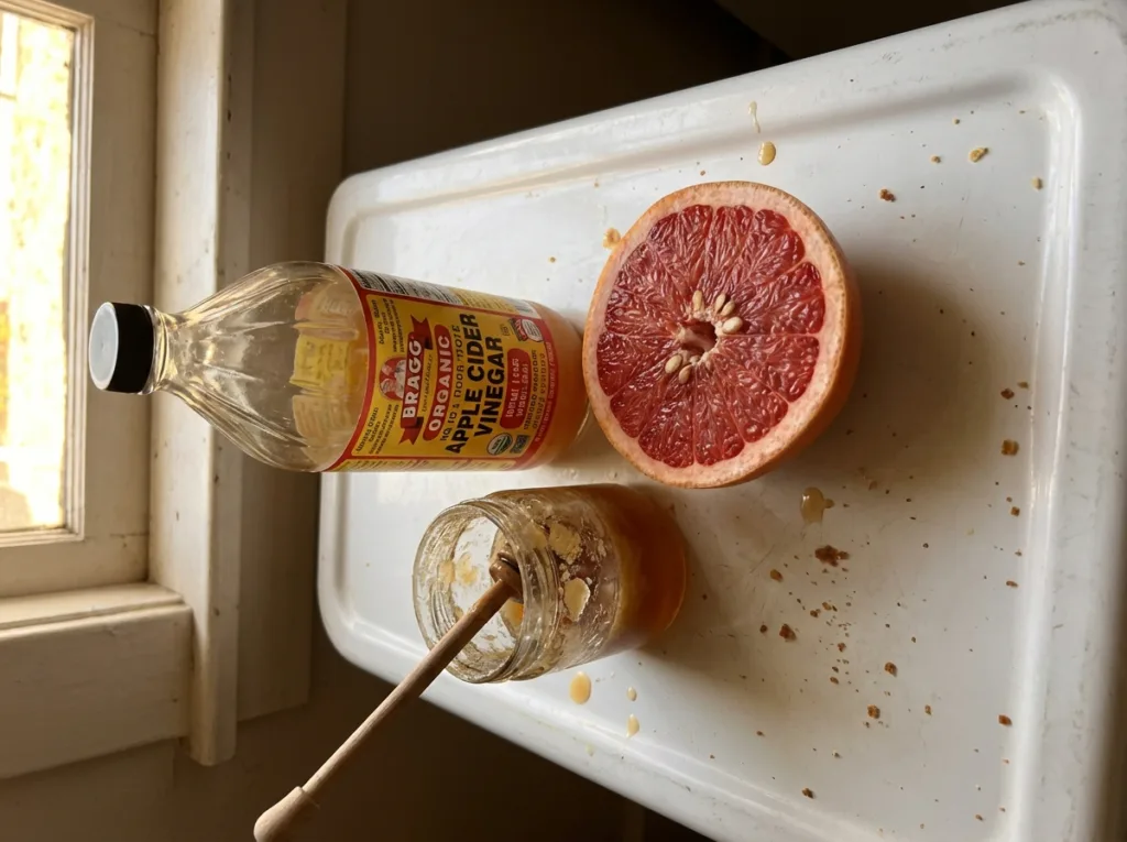 three ingredients for grapefruit apple cider vinegar before bed drink including grapefruit vinegar and honey on white surface
