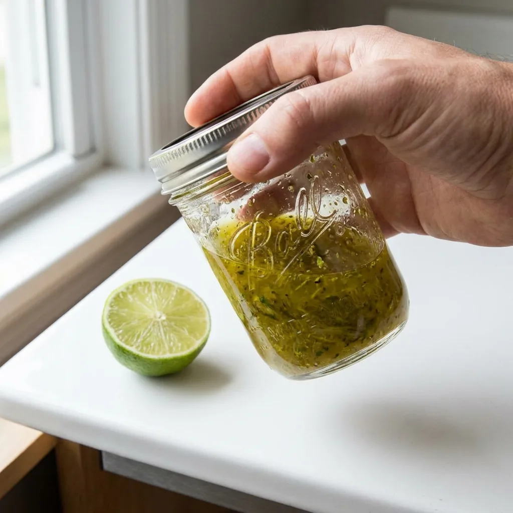 small glass jar with lime cumin dressing being shaken showing emulsification of olive oil and lime juice