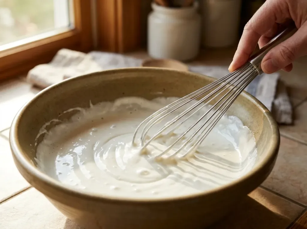 Whisking creamy dressing for Guy Fieri macaroni salad in a large mixing bowl