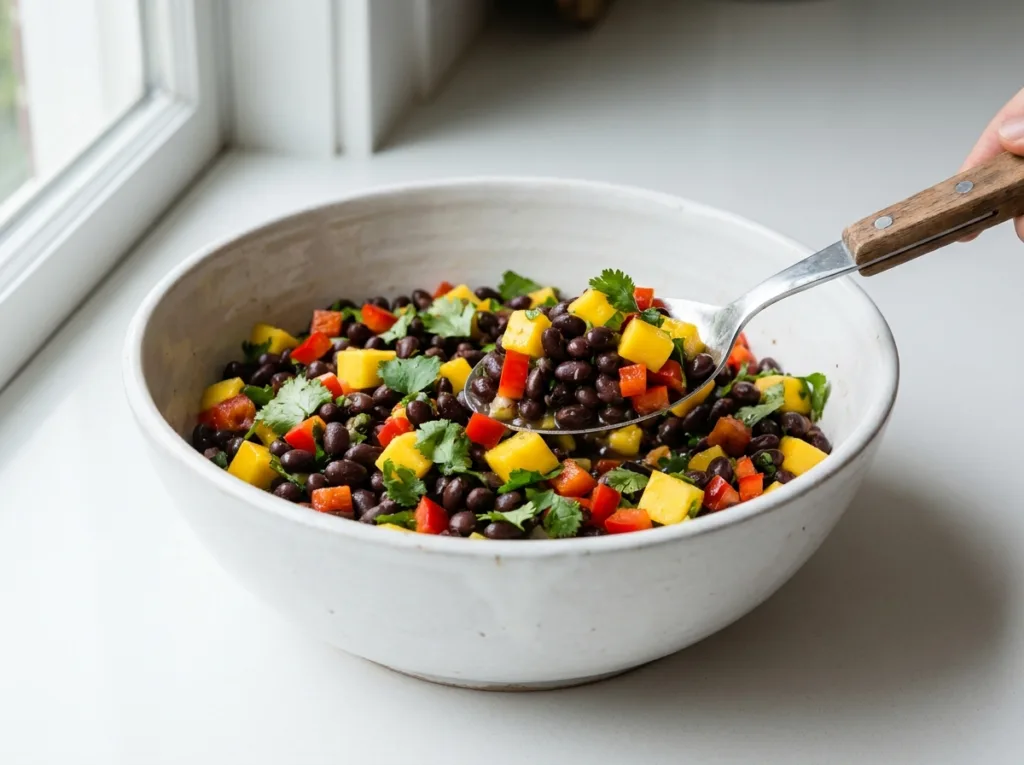 large white bowl of black bean mango salad being gently tossed with wooden spoon showing all colorful ingredients