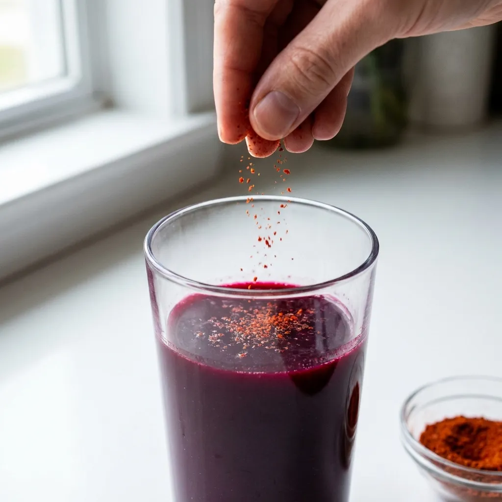 small pinch of red cayenne pepper being dropped into glass of purple beetroot celery juice