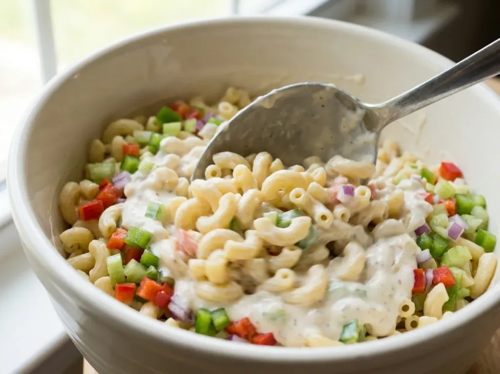Folding cooked elbow macaroni into creamy dressing with vegetables in a large bowl