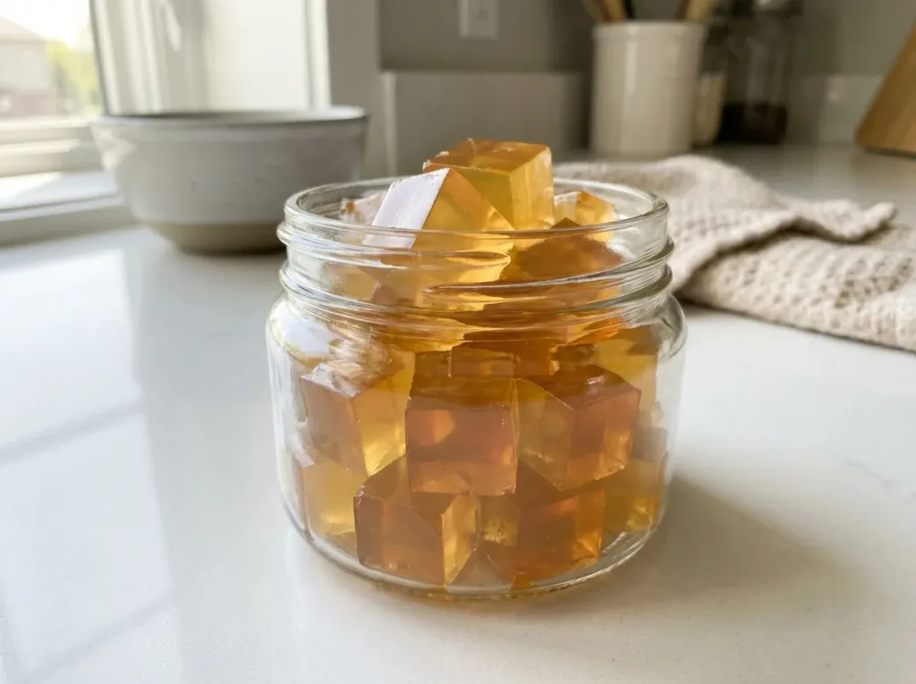 batch of golden gelatin apple cider vinegar gummy cubes cut into squares in a glass container for meal prep
