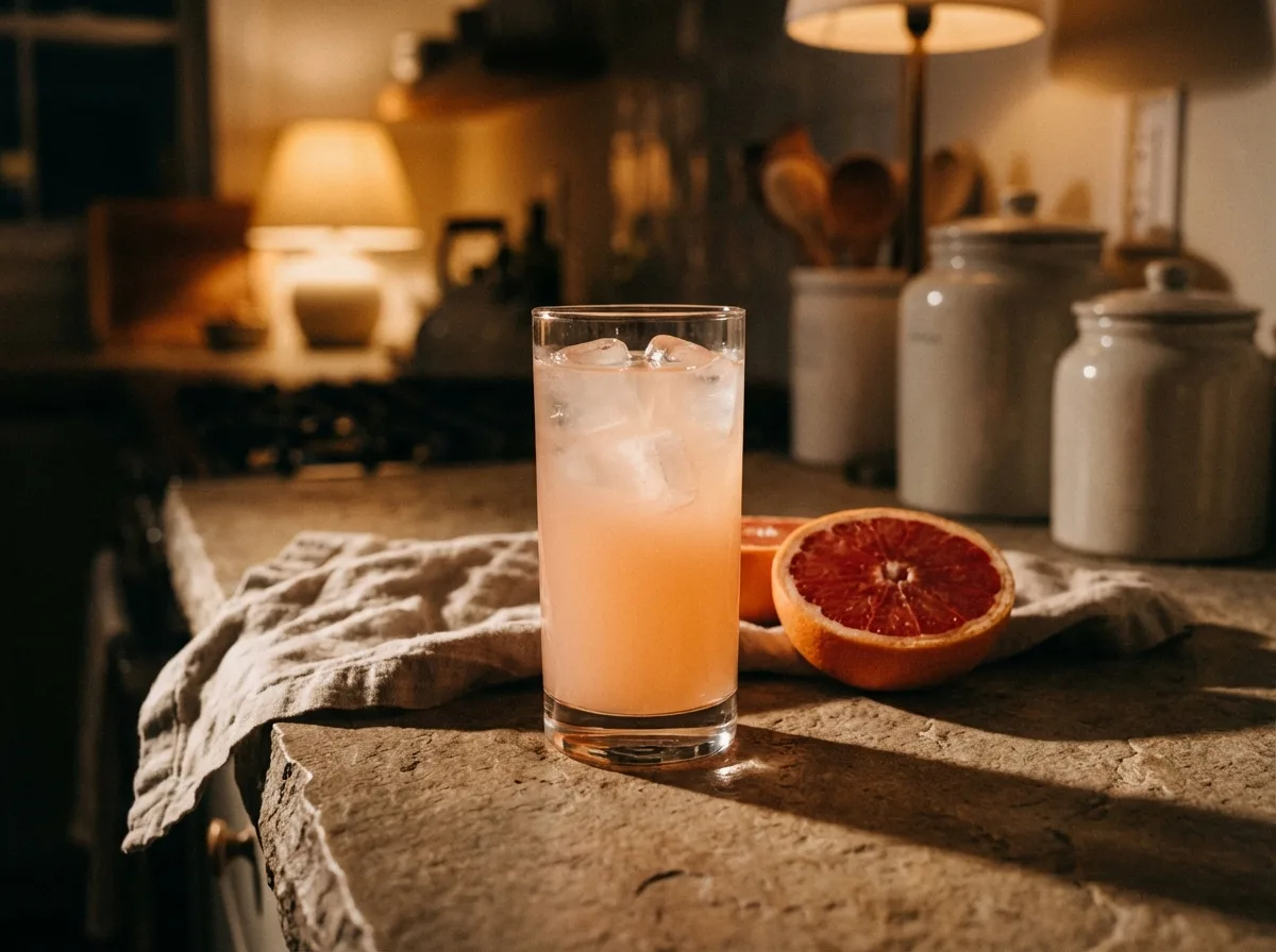 glass of grapefruit apple cider vinegar drink on kitchen counter in warm evening light before bedtime routine