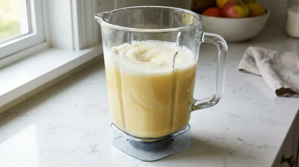 blender containing pale yellow natural GLP-1 drink ingredients mid-blend showing smooth creamy texture