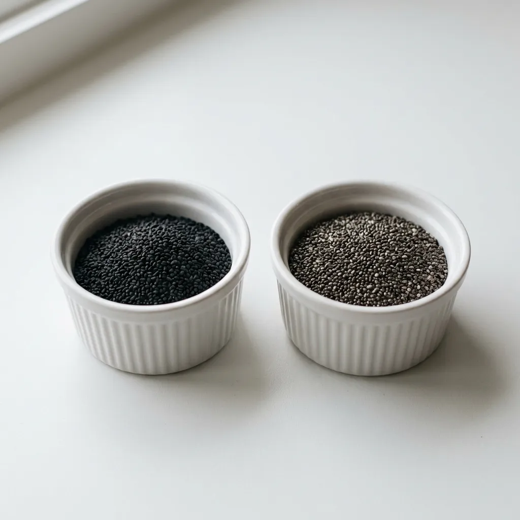 two small white bowls with dry sabja seeds on left and dry chia seeds on right showing size and color differences - sabja seeds for belly fat