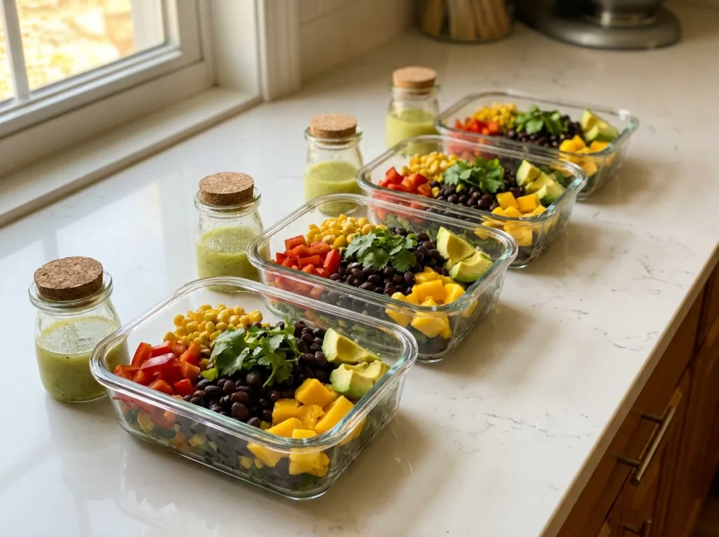 four glass meal prep containers filled with black bean mango satiety salad for four days of lunches