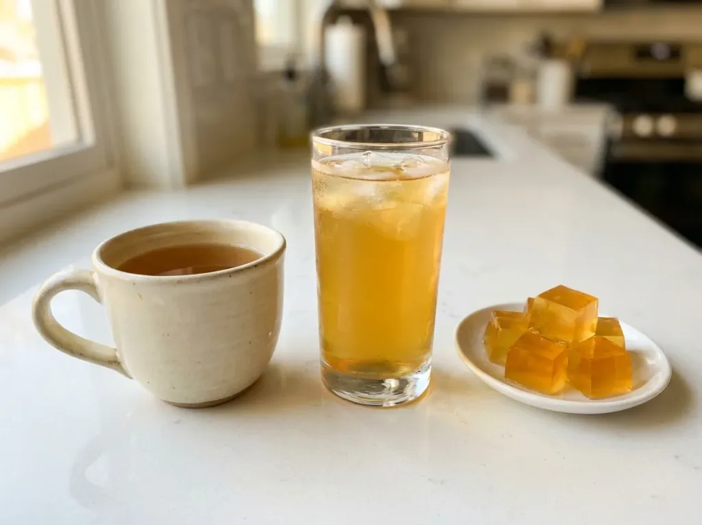 three versions of gelatin apple cider vinegar drink shown side by side warm mug chilled glass and gummy cubes