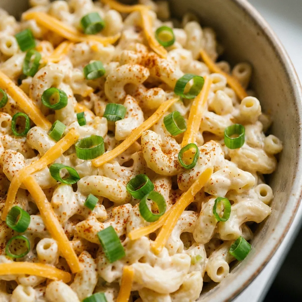 Close-up of Guy Fieri macaroni salad showing cheddar, green onions, and smoked paprika